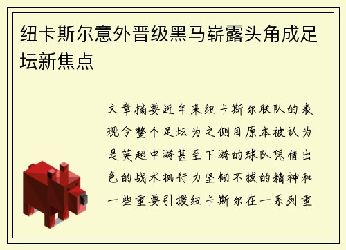 纽卡斯尔意外晋级黑马崭露头角成足坛新焦点